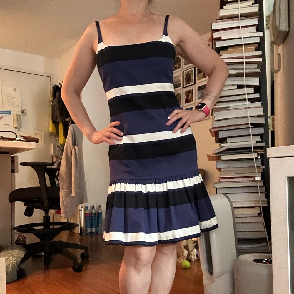 Prada Blue, Black, and White Striped Mini Dress